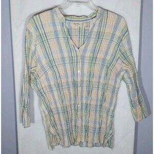 Vintage Angelique Seersucker Top 3X Plaid Button Up Side Slits Stretch Comfy